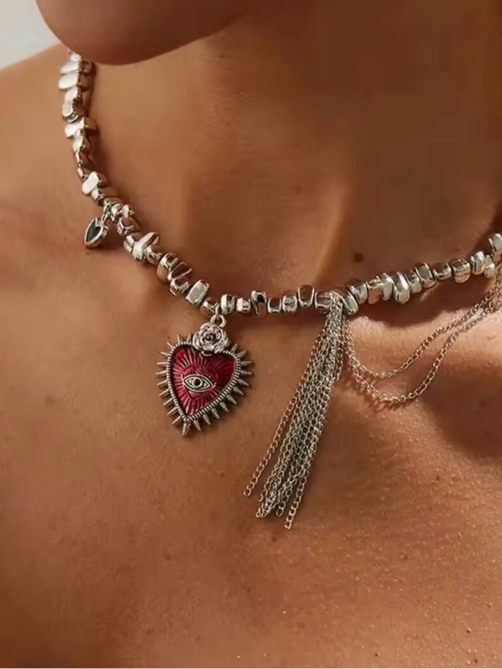 Trendy Silver Necklace with Red Heart Pendant - Picture 5 of 7
